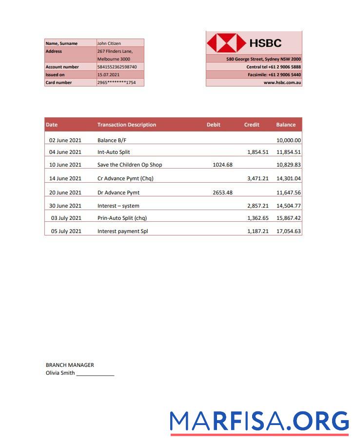 Realistic Australia HSBC bank statement excel template